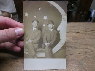 Antique Paper Moon Real Photo Postcard Unposted Two Men Seated On Moon