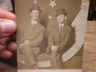 antique PAPER MOON real photo postcard UNPOSTED two men seated on MOON 2