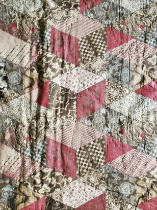 Antique early 1800 ' s Cheater Cloth CUTTER QUILT fabric patchwork paisley plaid 3
