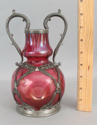 Rare Antique Loetz Austria Blown Art Glass & Riceszinn Art Nouveau Pewter Vase
