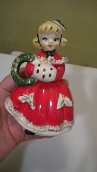 Vintage Christmas Girl Figurine In Red Wearing Hand Muff & Holding Wreath Japan