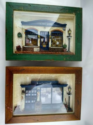 Vintage Diorama 3d Shadow Box Kitchen Scene Framed Coffee Shop & Restaurant Set