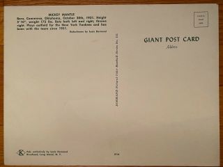 1953 - 55 Dormand “Giant” Postcard Photo of Mickey Mantle - Rare.  Yankees HOF 2