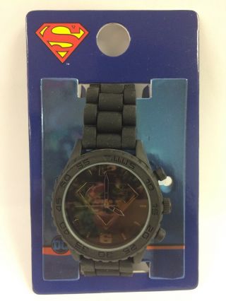 Dc Superman Large Black Analog Watch W/ Protective Plastic Over Face