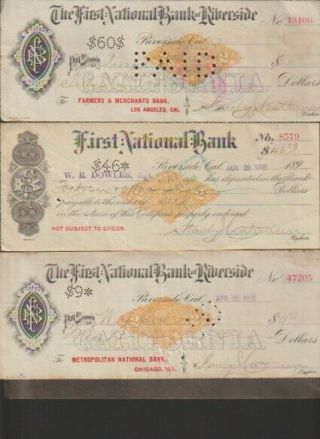 3 Antique Checks The First National Bank Of Riverside California 1899 - 1901