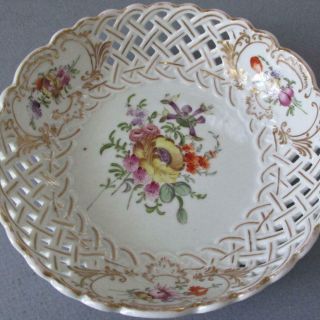 Antique Meissen Hp Reticulated Porcelain 6 " Shallow Bowl Dresden Flowers W Gilt