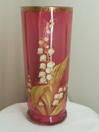 Antique Victorian Era Cranberry Glass Vase W/ Hand Painted Enamel Decoration