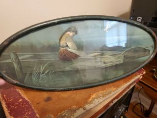 Vintage Art Print - Victorian Oval Metal Frame With Pensive Girl In Wooden Boat