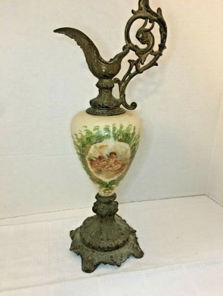 Antique Victorian Ornate Cast Metal & Glass Ewer With Cherubs
