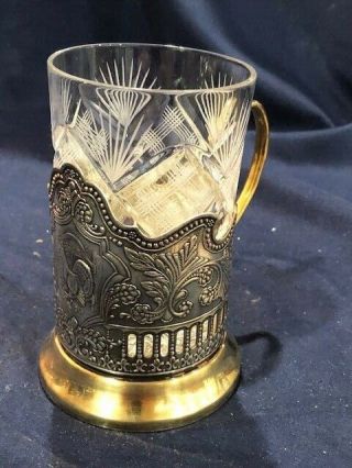 Russian silver - plate tea glass holder marked,  turkey image,  gold was base handle 3