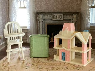 Vintage Miniature Dollhouse 1:12 Retro Wood High Chair Resin Hamper & Doll House