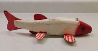 Vintage Minnesota Ice Fishing Spearing Wood Red White Hand Carved Decoy Lure 11 "