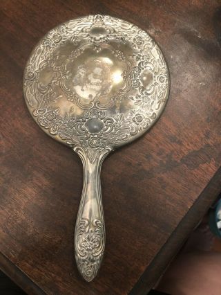 Vintage Art Nouveau Silver - Plated Repousse Hand Held Mirror Flower Design