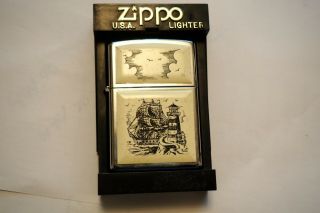 Retired Rare Ship Lighthouse Scrimshaw Zippo Lighter