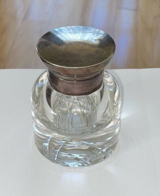 Antique English Sterling Silver & Crystal 3 1/4” Inkwell Circa 1918