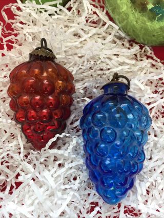 2 Antique Oval Grape Clusters Kugel Glass Christmas Ornament Red And Blue