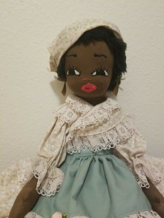 Vintage African American Handmade Folk Art Cloth Rag Doll In Dress 11 "
