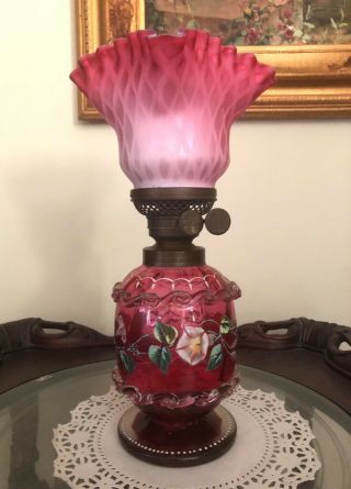 Rare Antique Enameled Cranberry Oil Lamp & Satin Mother Of Pearl Shape