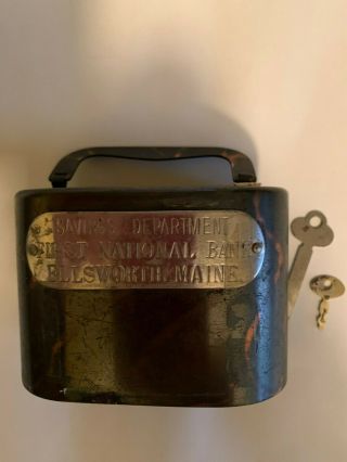 Antique F W Burns Steel Savings Bank With Key " First National Bank Ellsworth Me "