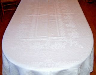 Vintage Irish Linen Damask Tablecloth,  100 " Banquet Sized Rose Design White 1930