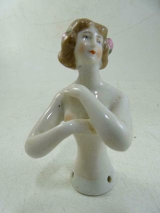 Antique German Porcelain Half Doll Pin Cushion Nude Lady Girl Open Arm Vintage