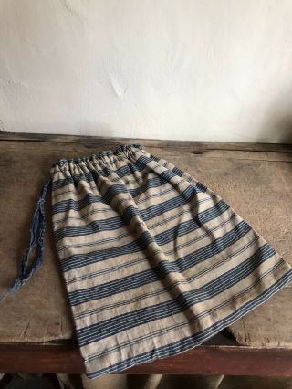 Big Old Antique Handmade Blue Tick Calico Housewife Bag Textile Aafa Peg Rack