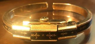 Vintage Heno Hinged Cuff Womens Watch 17 Jewels Swiss,  Gold & Black Enamel
