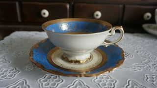 Vintage Kunst Kronach Bavaria Germany Blue And Gold Filigree Band Cup And Saucer