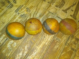 Set Of Four Vintage Antique Wooden Croquet Balls.  Black Yellow Green Red.