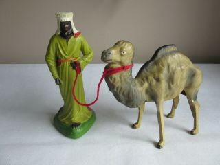 Antique Nativity Germany Putz Paper Mache Composition Stick Leg Camel & Shepherd
