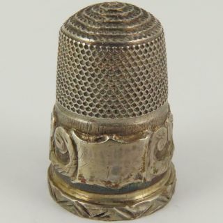 Antique English Victorian Engine Turned Applied Band Sterling Silver Thimble