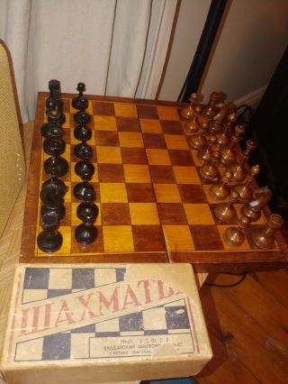 1930 - 40s Vintage Ussr Soviet Wooden Chess Set & Wooden Folding Board Rare