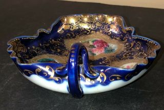 Antique Nippon Hand Painted Cobalt Blue & Floral Nappy Dish - Moriage/gold Gilt