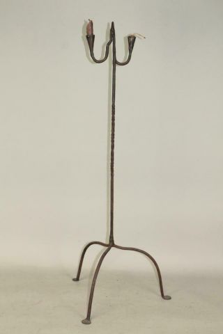 A Rare 18th C Wrought Iron Floor Rushlight Double Candle Holder Surface