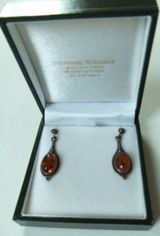 Rare,  Vintage Hand Made.  925 Sterling Silver Earrings,  Baltic Amber Cabochons
