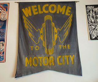 Rare 1930 Detroit Welcome To The Motor City Car Show Banner Ford Sign V8 Tire
