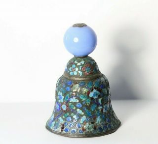 Antique C.  1900 Chinese Floral Enamel Bell With Blue Eking Glass Finial