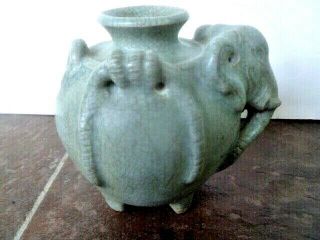 Antique Chinese Or Thai Celadon Green Crackle Glaze Elephant Vessel Vase