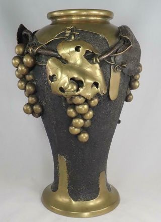 Big 14.  5  Antique Japanese Meiji Gilt Bronze Grapes In The Rain Vase Circa 1900