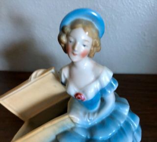 Antique Bisque Porcelain Figurine Victorian Lady Planter Vase Blue Ruffles