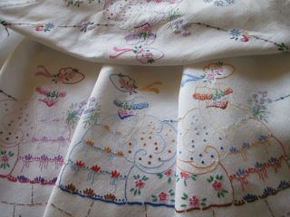 Vintage Hand Embroidered Linen Tablecloth - Crinoline Ladies & Florals
