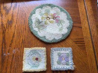 Three Antique Dollhouse Hand Made Hooked Rugs