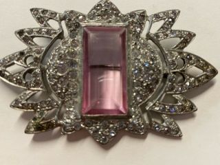 Big Art Deco Pink Emerald Cut Czech Glass & Rhinestone Antique Vintage Brooch