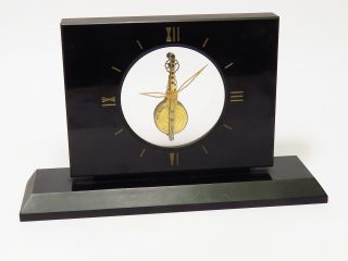 Vtg Jaeger Lecoultre Swiss Skeleton Black Gold Desk Mantle Clock 16 Jewels Rare