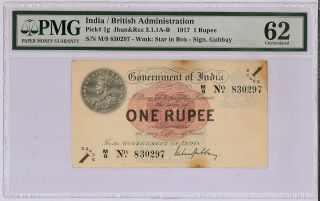 1917 British India Kgv Rs 1 Rupee Madras Circle Gubbay Pmg 62 Unc Star Box Rare