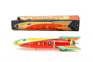 Rare Cragstan Masudaya Vintage Sparkling V - 1 Usaf Tin Rocket W/ Box