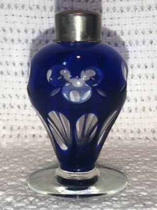 Antique Bohemian Czech Cobalt Blue Cut To Clear Glass Atomizer Perfume Bottle