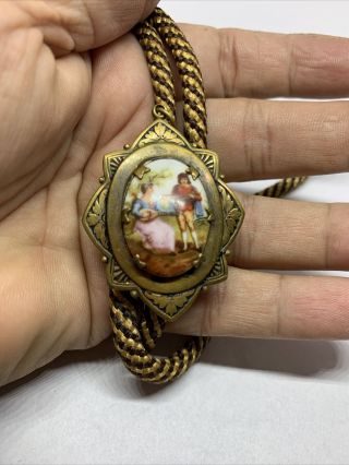 Antique Brass And Porcelain Locket Bolo Tie Hand Painted