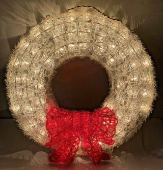 Vtg Christmas Wreath White Red Bow Bright Light Up Drizzle Melt Plastic Rare