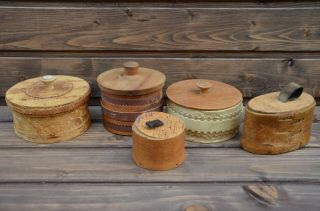 Set Of 5 Vintage Swedish Handmade Birch Bark Box With Lid Rustic Style Scandinav